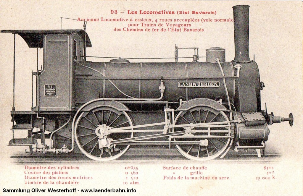 Die Nr. 11 "LANDWÜHRDEN", gebaut als erste lokomotive bei Krauss in München auf einer französischen Postkarte. Hier wird sie als fälschlicherweise als Lok der Bayrischen Staatsbahn ausgewiesen, was sich wohl auf den von dort stammenden Hersteller zurückführen lässt.