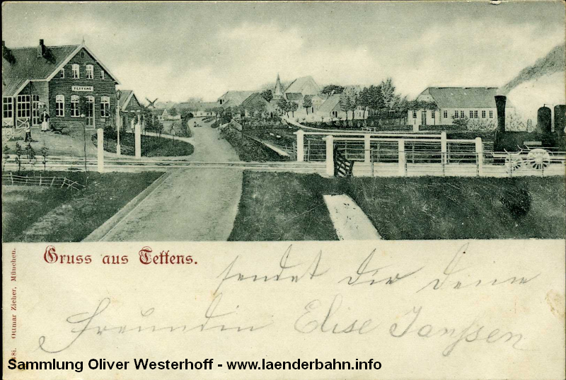Diese alte Ansicht zeigt links den Bahnhof von Tettens, wie er ungefähr hätte aussehen können