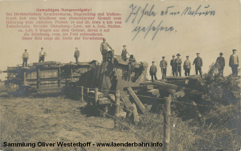 Am 04.06.1910 warf eine Windhose die 5 letzten Waggons eines fahrenden Güterzuges aus den Schienen