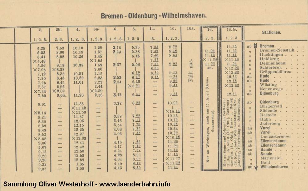 Fahrplanausschnitt der Züge von Bremen nach Oldenburg von 1896.