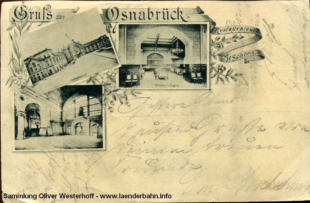 Am Ende der Südbahn liegt Osnabrück, dessen Wartesaal die 1896 gelaufene Karte zeigt.