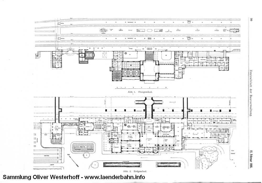 Grundriss des neuen Bahnhofsgebäudes. Aus dem "Zentralblatt der Bauverwaltung", Heft 13 und 15 von 1916.