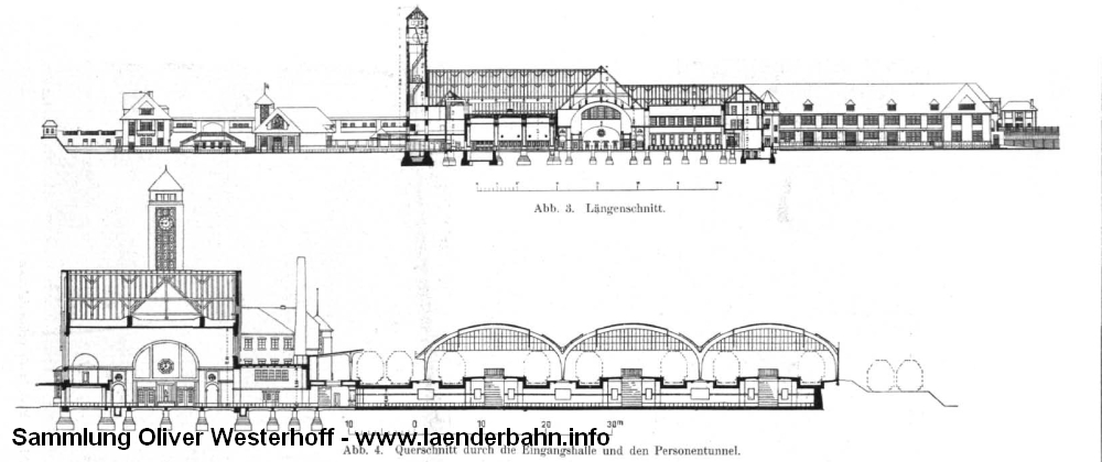 Aufriss und Schnitt durch den Hauptbahnhof. Aus dem "Zentralblatt der Bauverwaltung" von 1916.