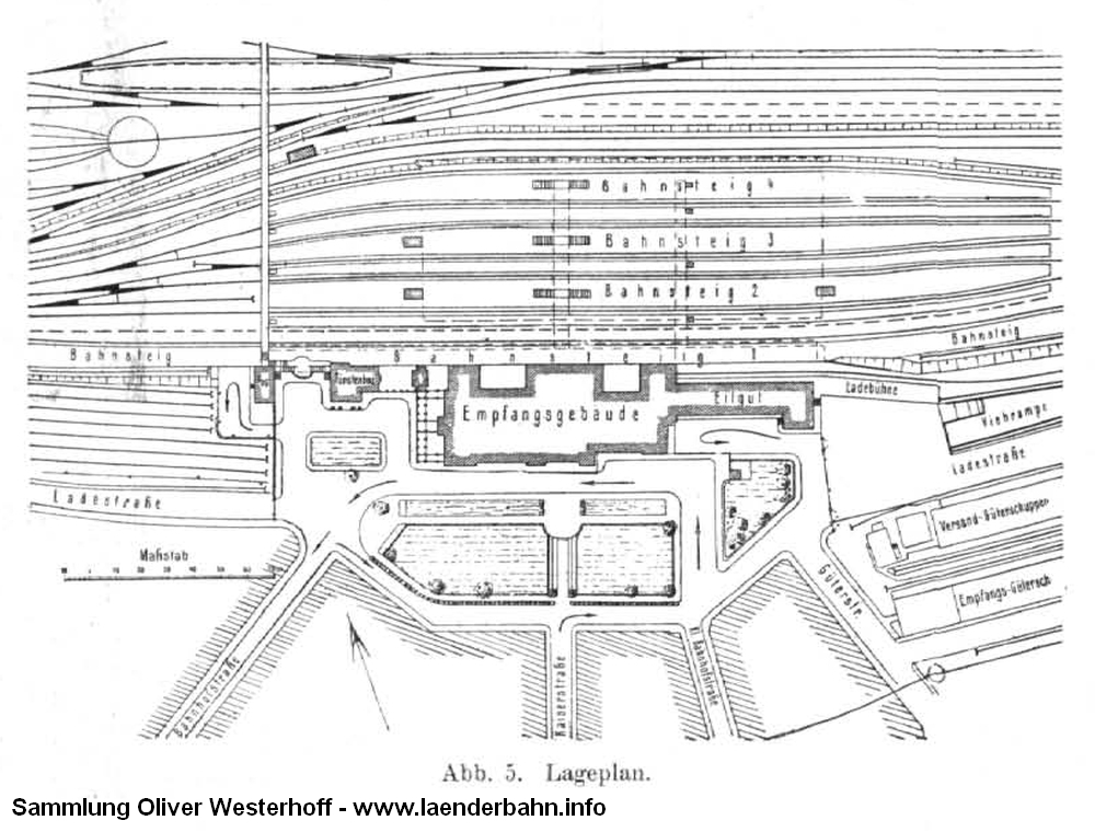 Lageplan mit Bahnhofsplatz und Bahnhsteigen aus dem "Zentralblatt der Bauverwaltung" von 1916.