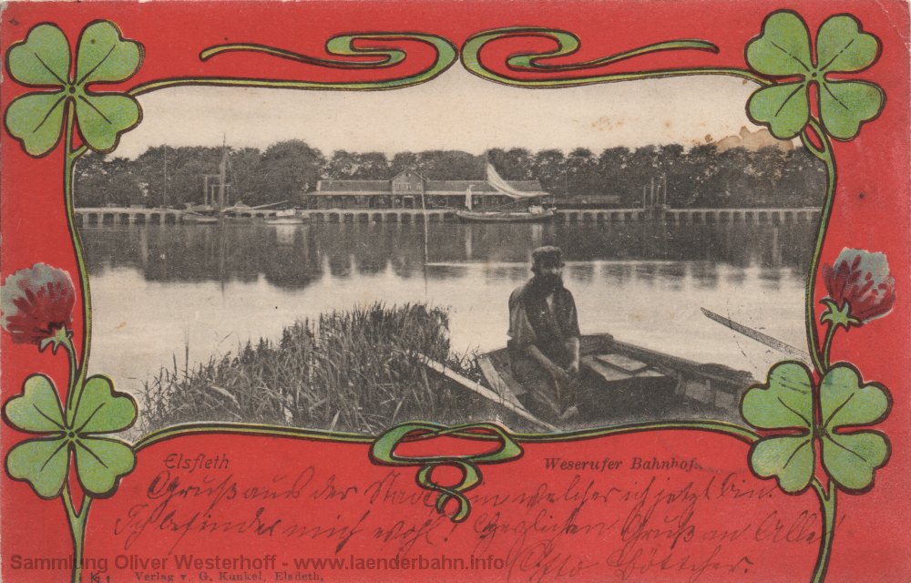 Der Bahnhof Elsfleth von der Weserseite auf einer Ansichtskarte von 1899.
