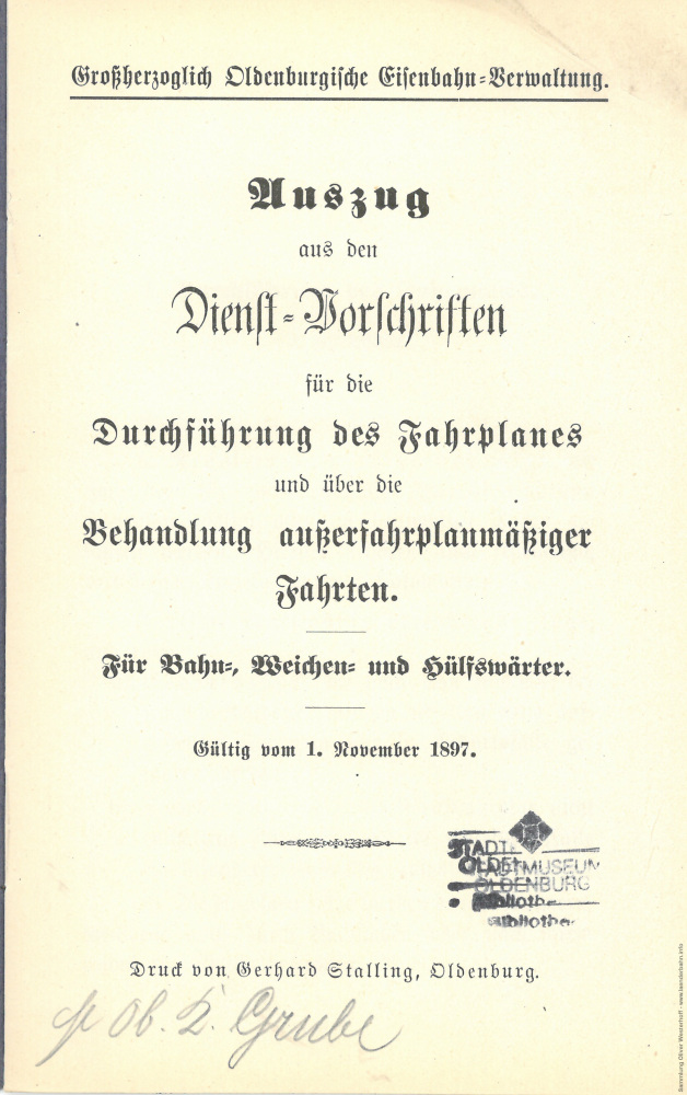 1897 - Durchführung des Fahrplanes und die Behandlung außerplanmäßiger Fahrten - Deckblatt
